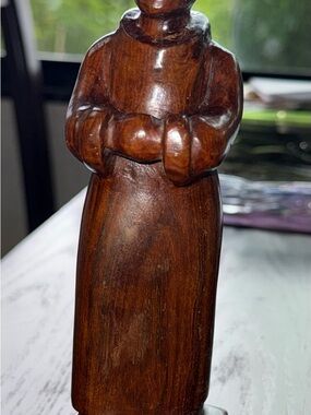 Vintage Hand Carved Wood Folk Art Monk Priest Figurine 7” Dark Wood Primitive